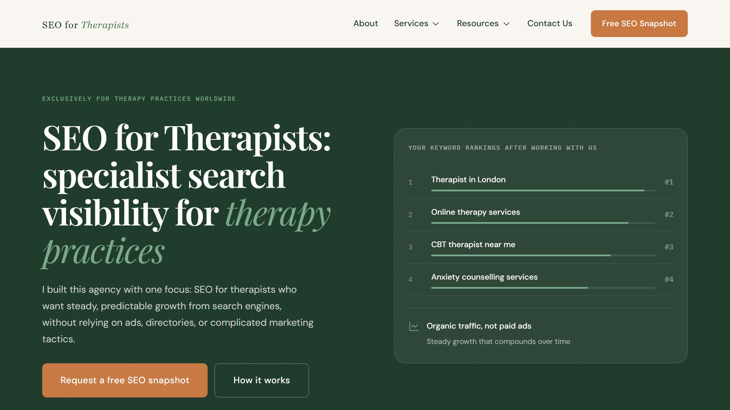 Screenshot of the SEO for Therapists website homepage